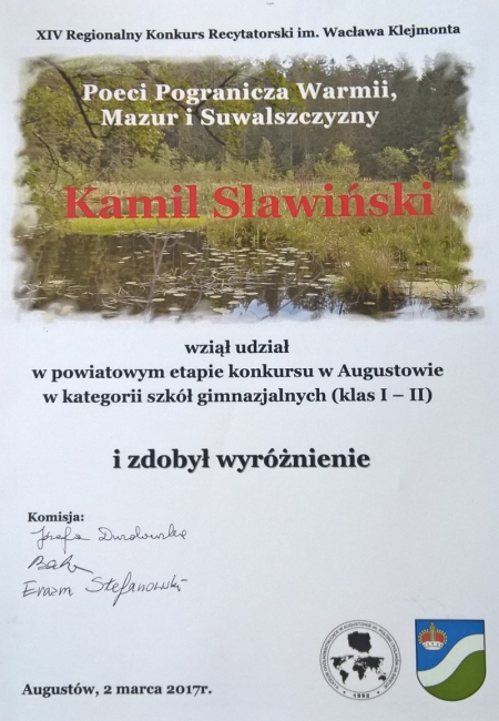 Wyróżnienie w konkursie recytatorskim